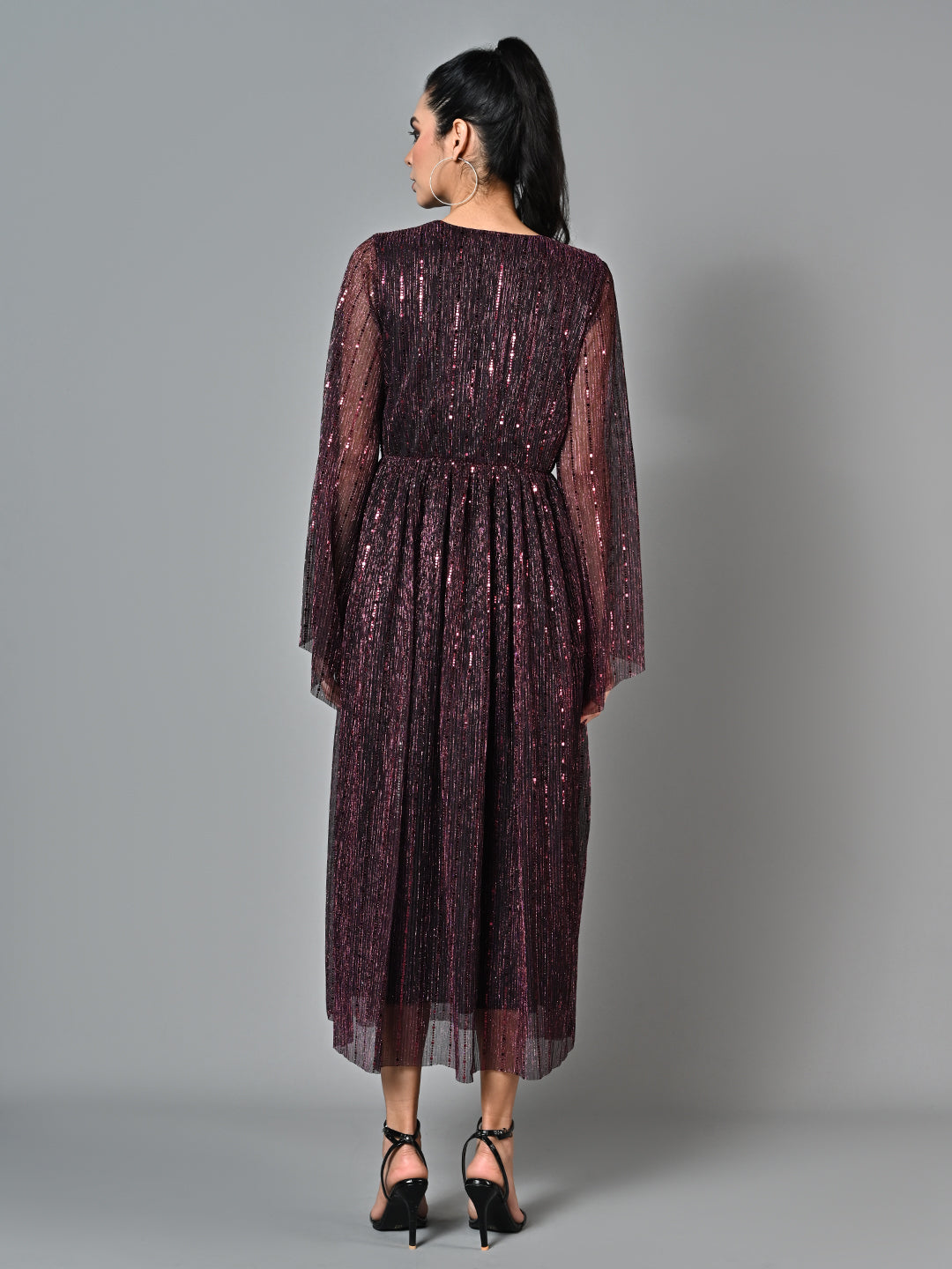 Embellished Pleated Purple Flared Dress