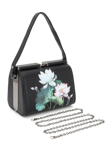 Floral Printed Leather Black Handbag