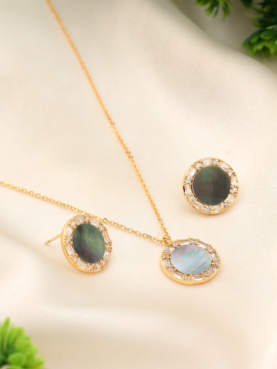 Women Green Opal Stone Gold Plated Necklace With Earrings