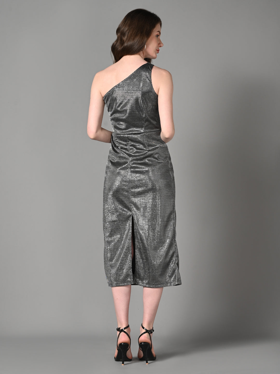 Embellished Silver Fitted A - Line Party Dress