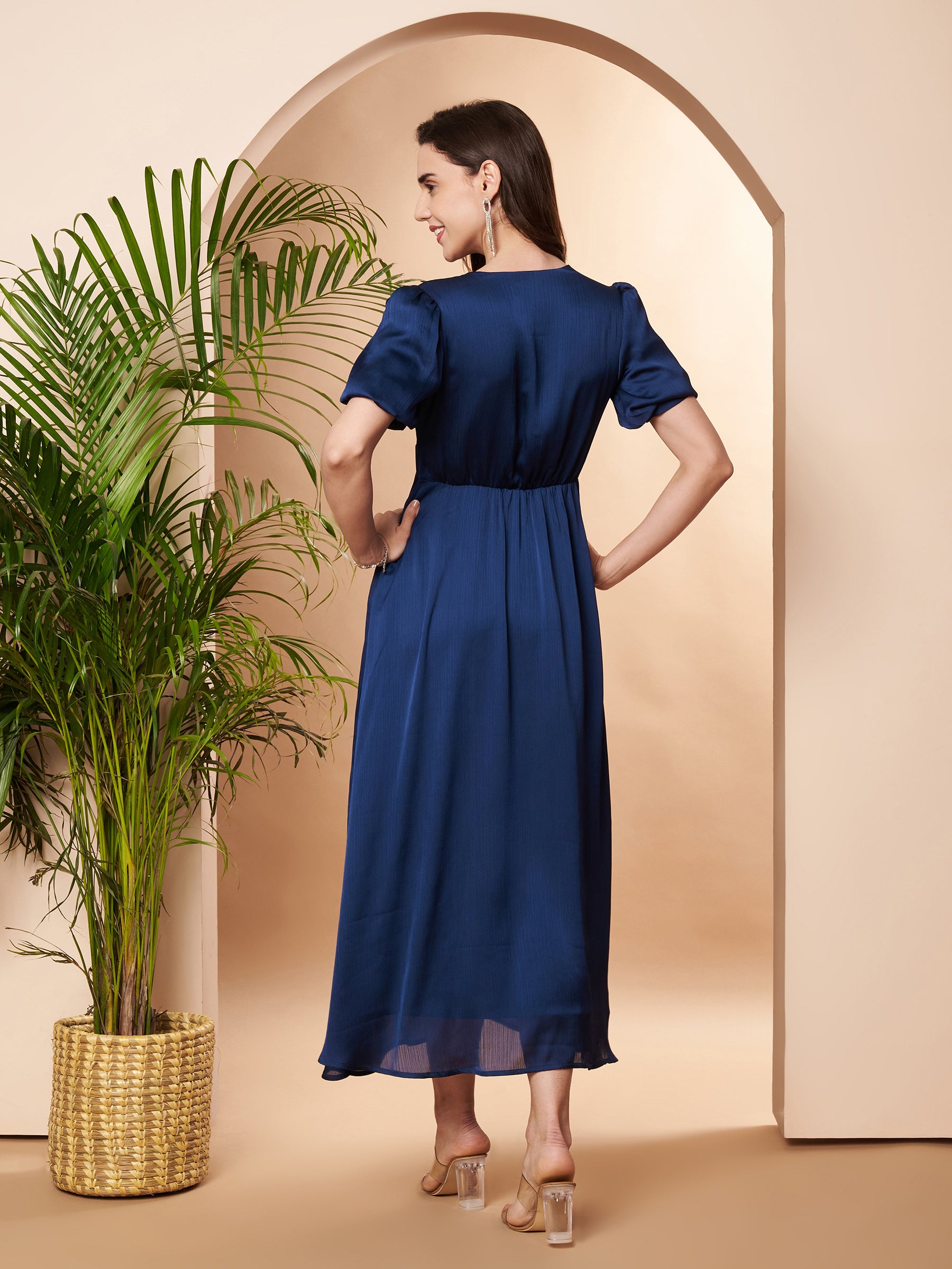 Embellished Blue Pleated Dress