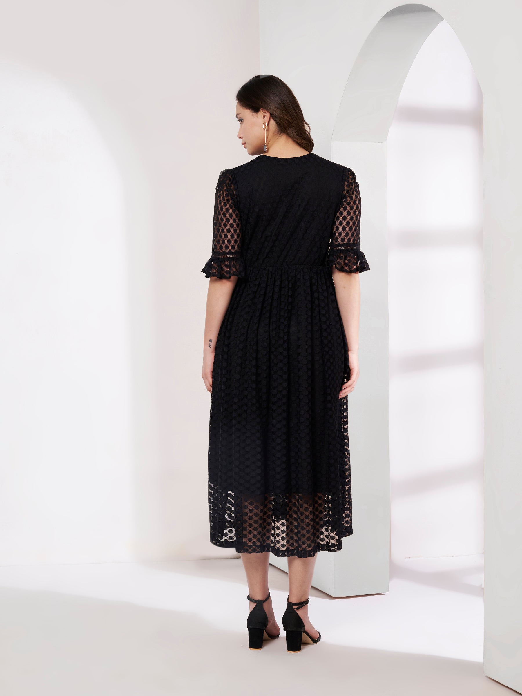 Stylish Black Textured Flared Dress