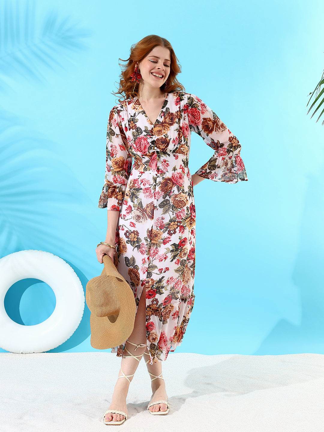Printed Chiffon V-neck Dress