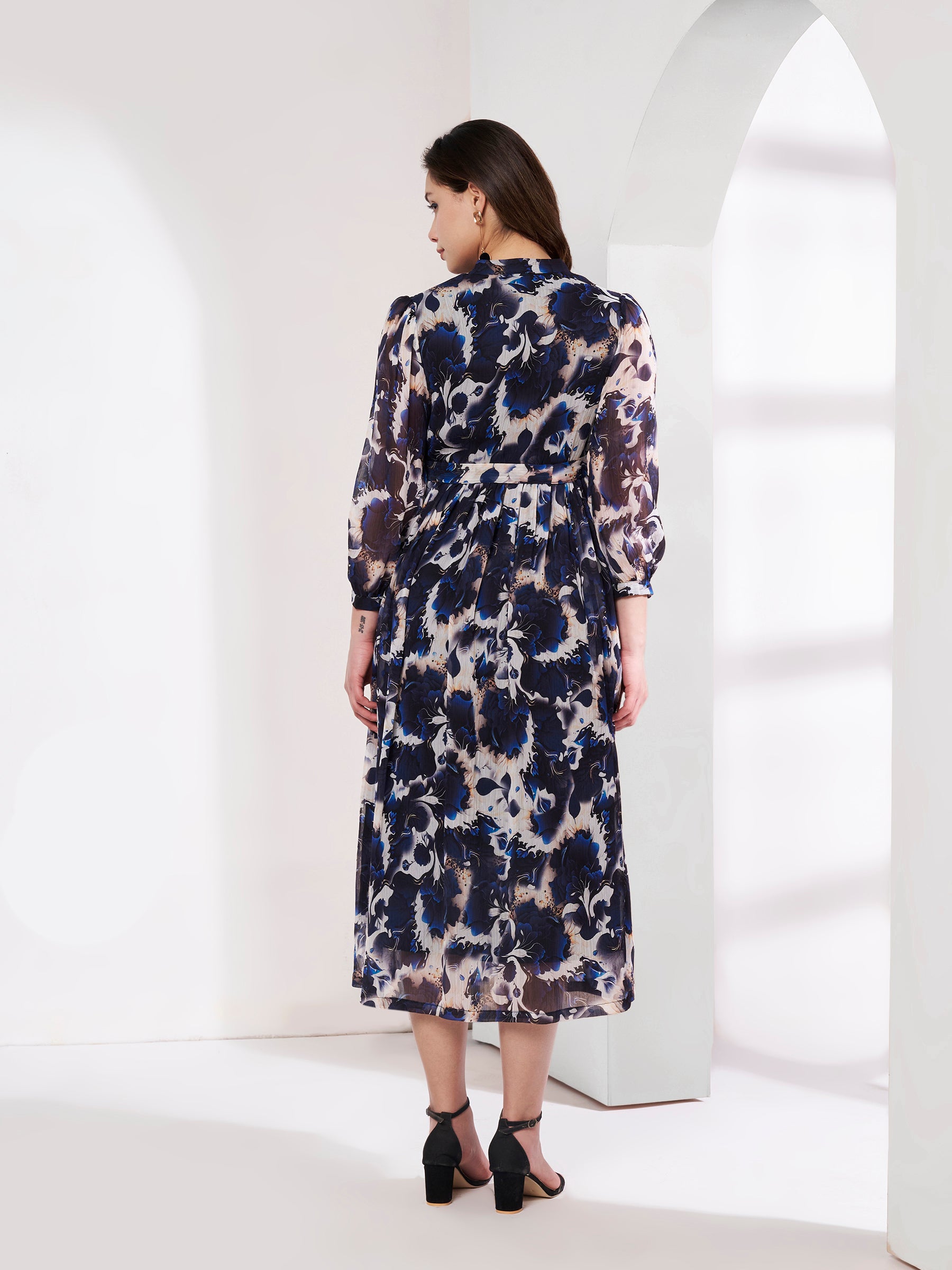 Printed Black and White Flared Dress