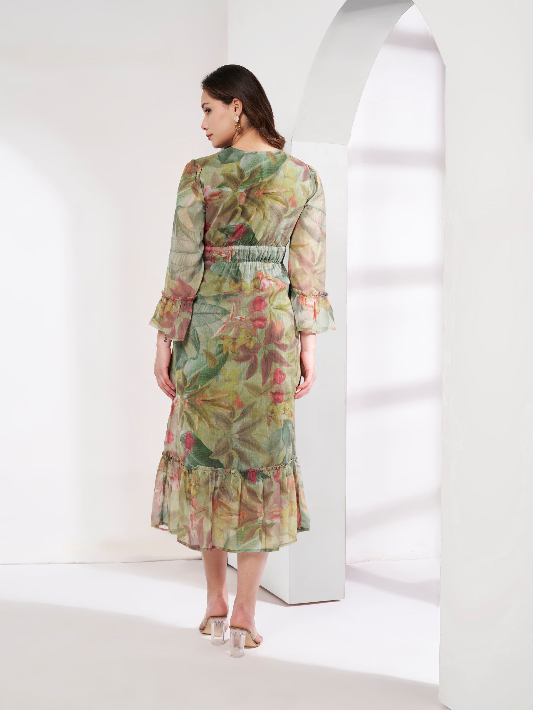 Stylish Green Ruched Flared Dress
