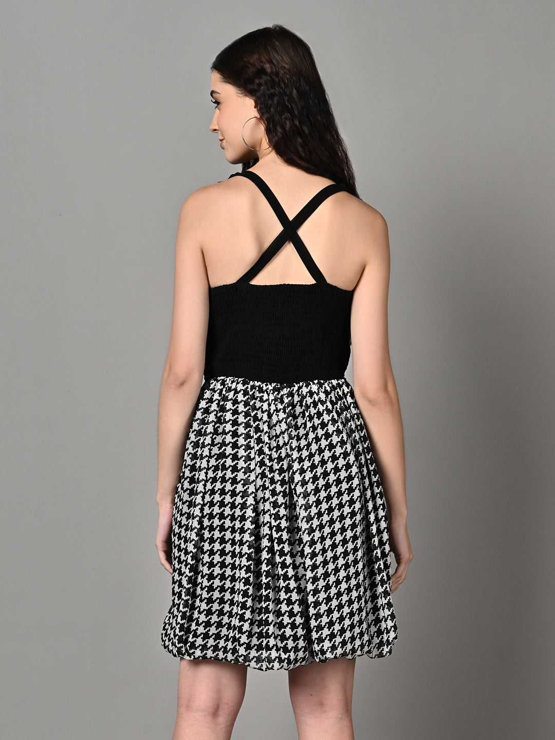 Classy Black & White Printed Pleated Flared Dress