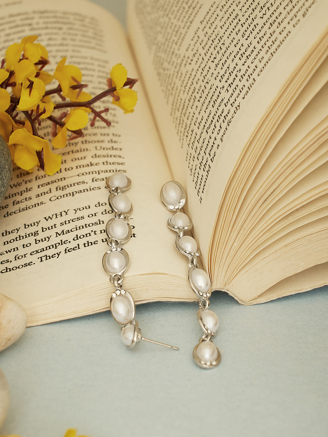 Women Silver Toned & Pearl Oval Drop Earrings