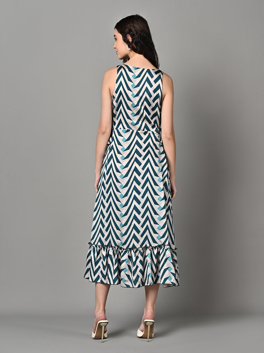 Fancy Blue & White Printed Ruffled Midi Dress