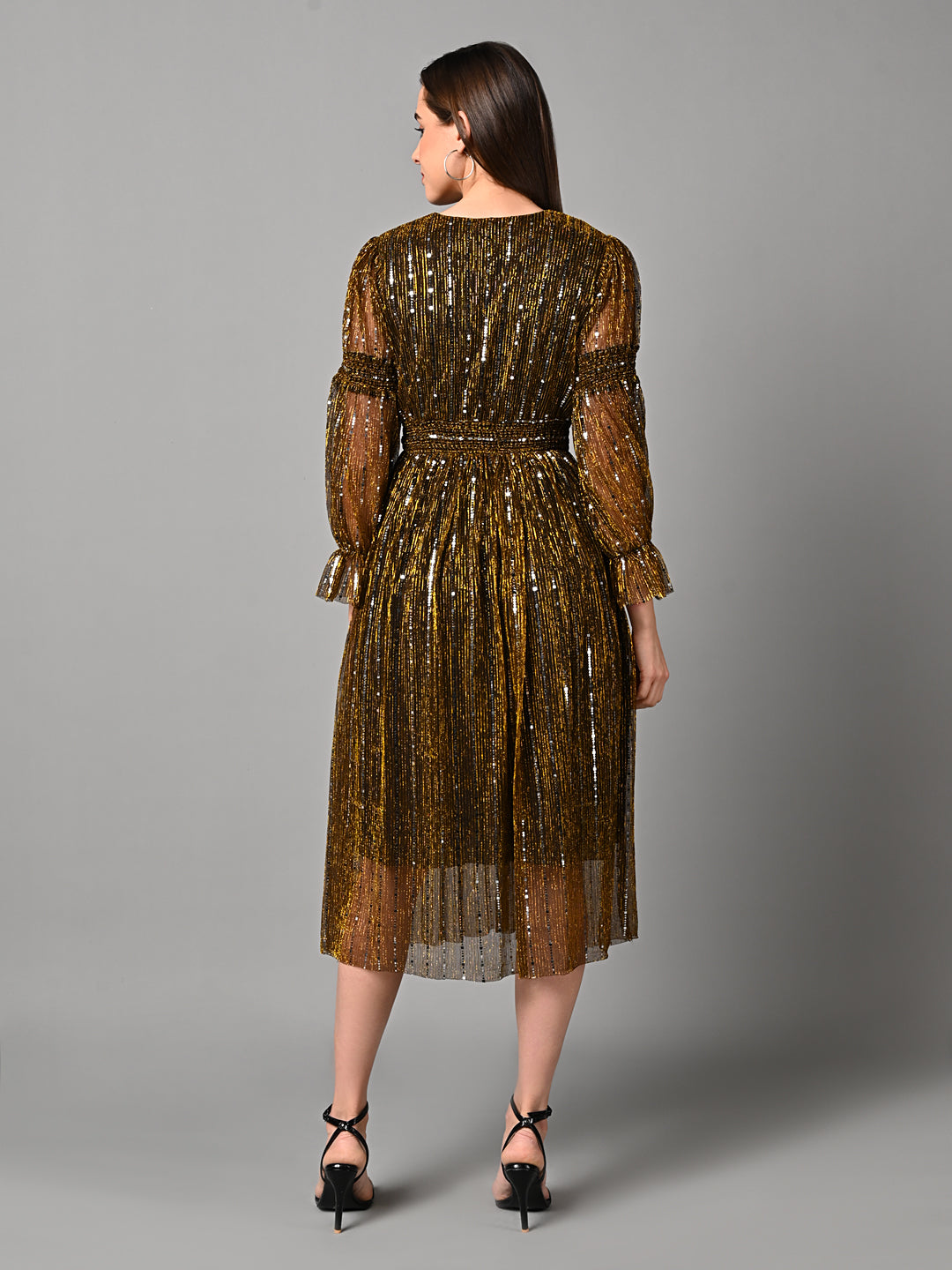 Embellished Pleated Flared Midi Dress