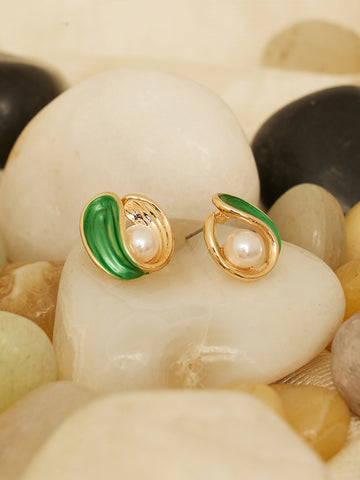 Women Gold Plated Leaf Circular Studs Earrings
