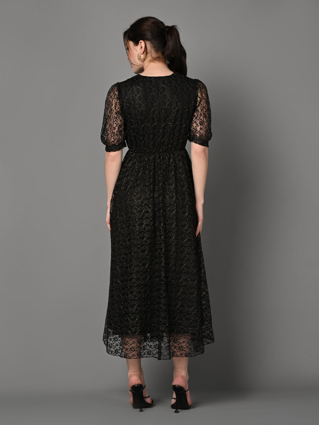 Stylish Black Textured Pleated Midi Dress
