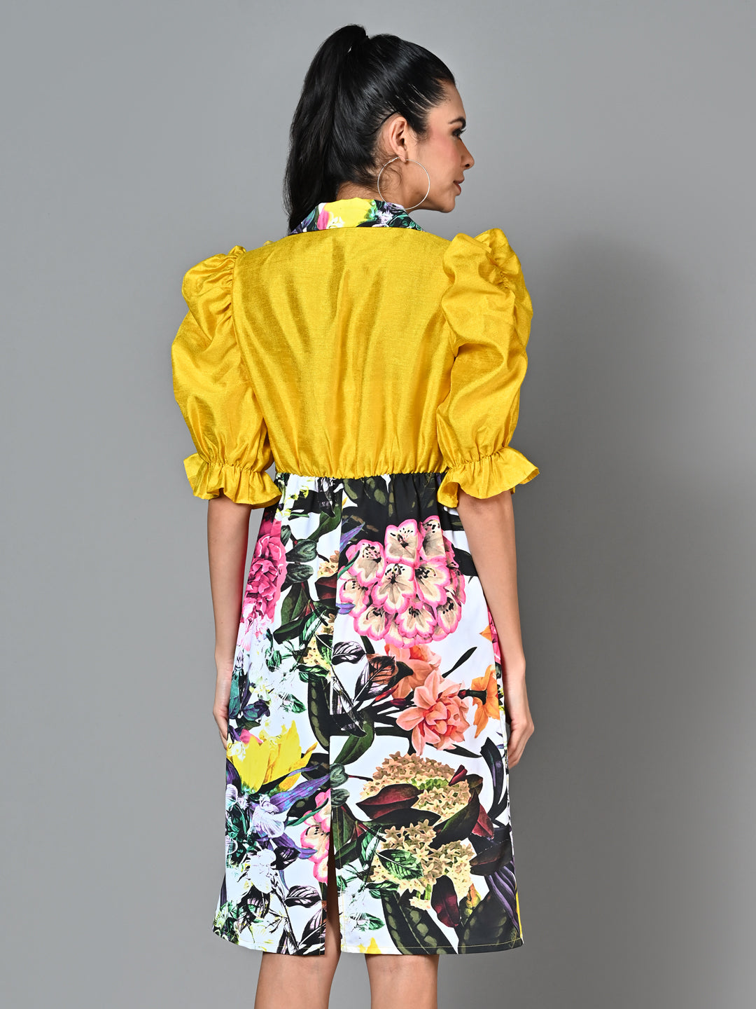 Fancy Yellow Floral Printed Flared Dress