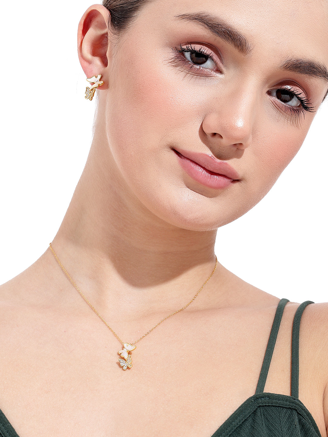 Women Butterflies Gold Plated Artificial Stones Necklace With Earrings