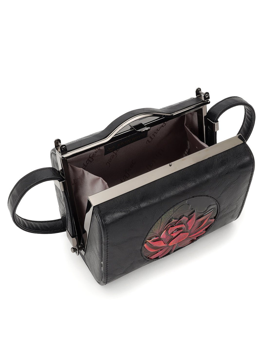 Floral Printed Leather Black Handbag
