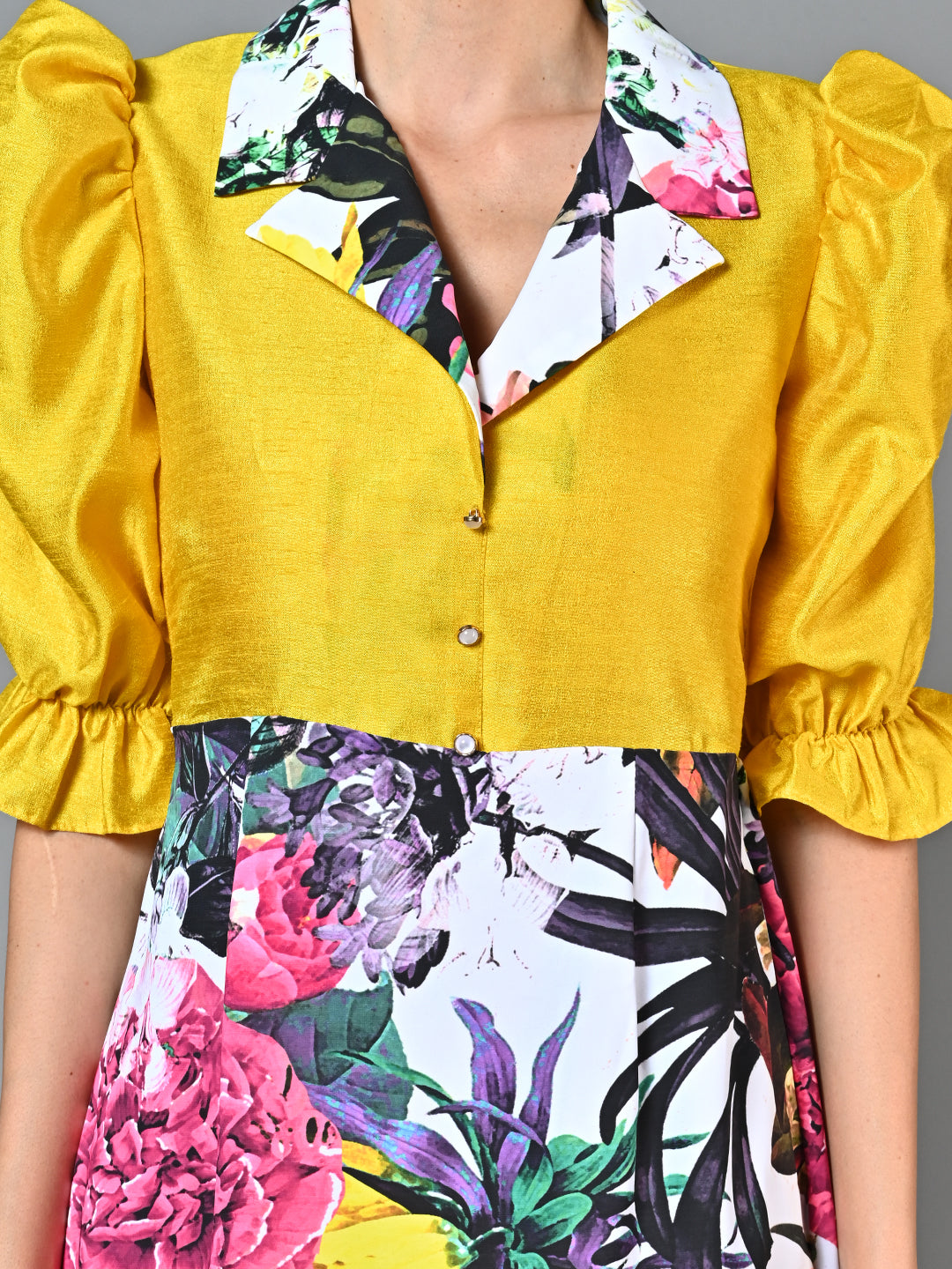 Fancy Yellow Floral Printed Flared Dress