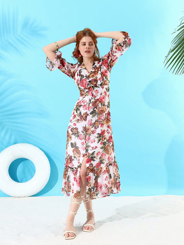 Printed Chiffon V-neck Dress