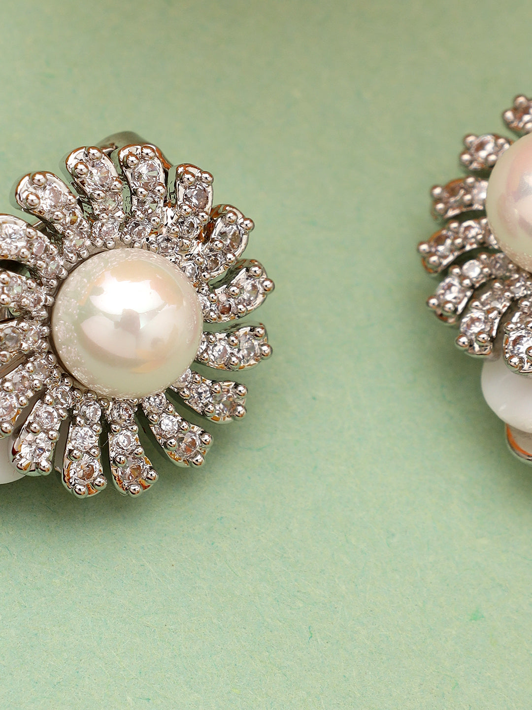 Round Pearl Platinum Plated Stud Earrings