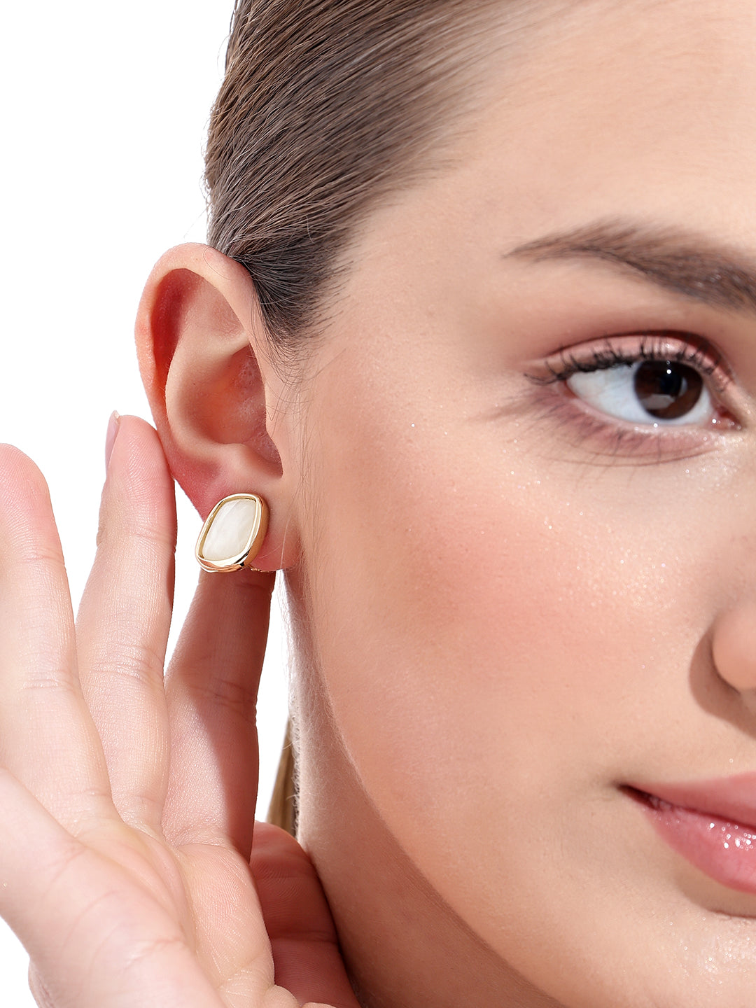 Oval White Stone Gold Plated Earrings