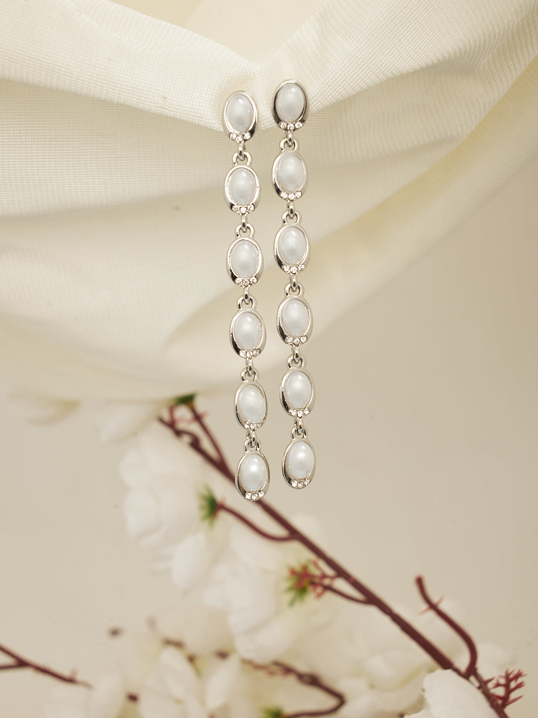 Women Silver Toned & Pearl Oval Drop Earrings