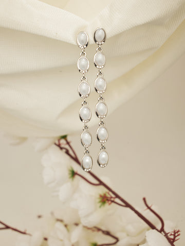 Women Silver Toned & Pearl Oval Drop Earrings