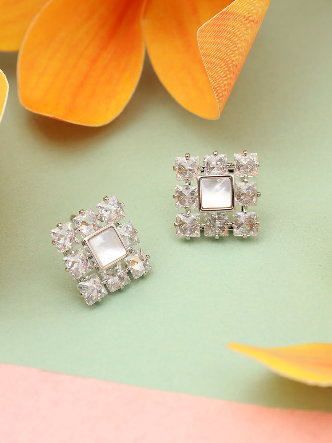 Women Square White Stone Platinum Plated Earrings
