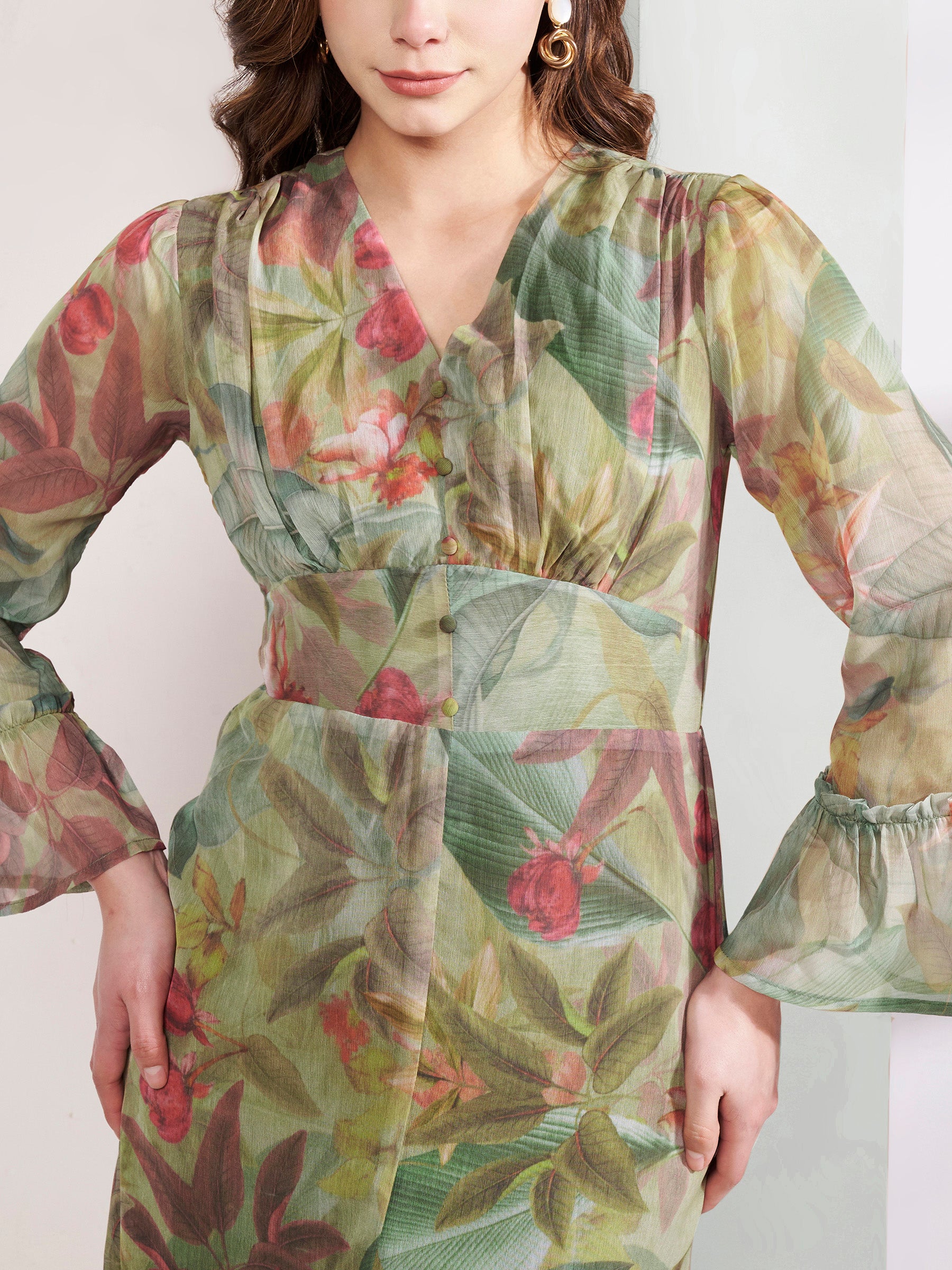 Stylish Green Ruched Flared Dress