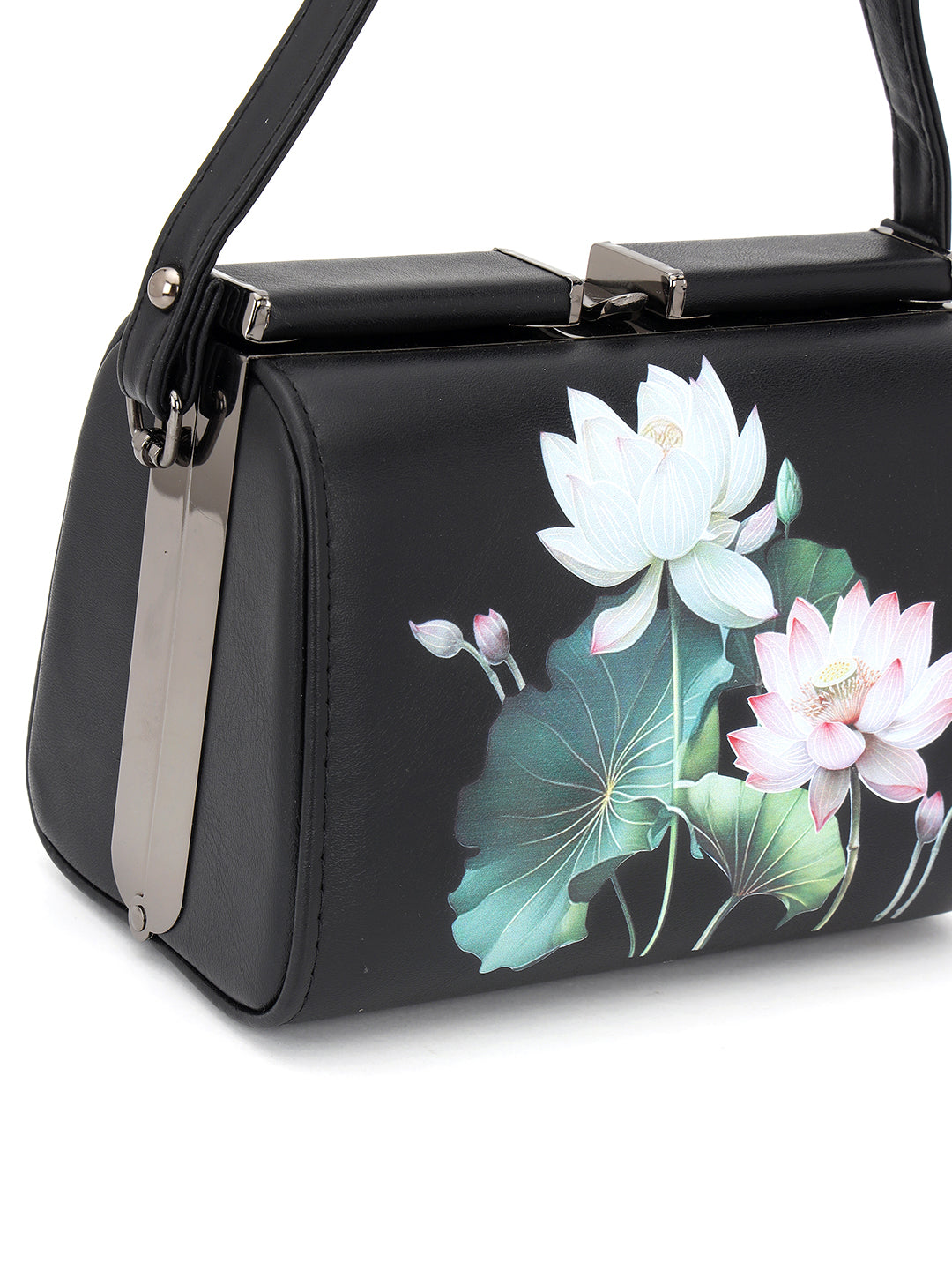 Floral Printed Leather Black Handbag