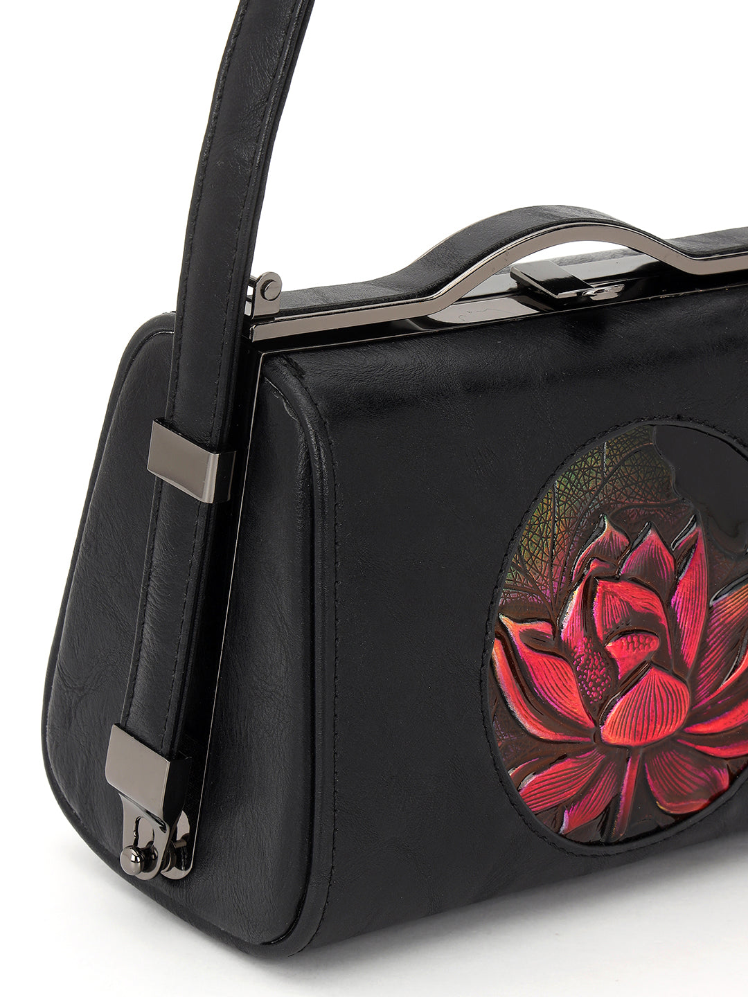 Floral Printed Leather Black Handbag