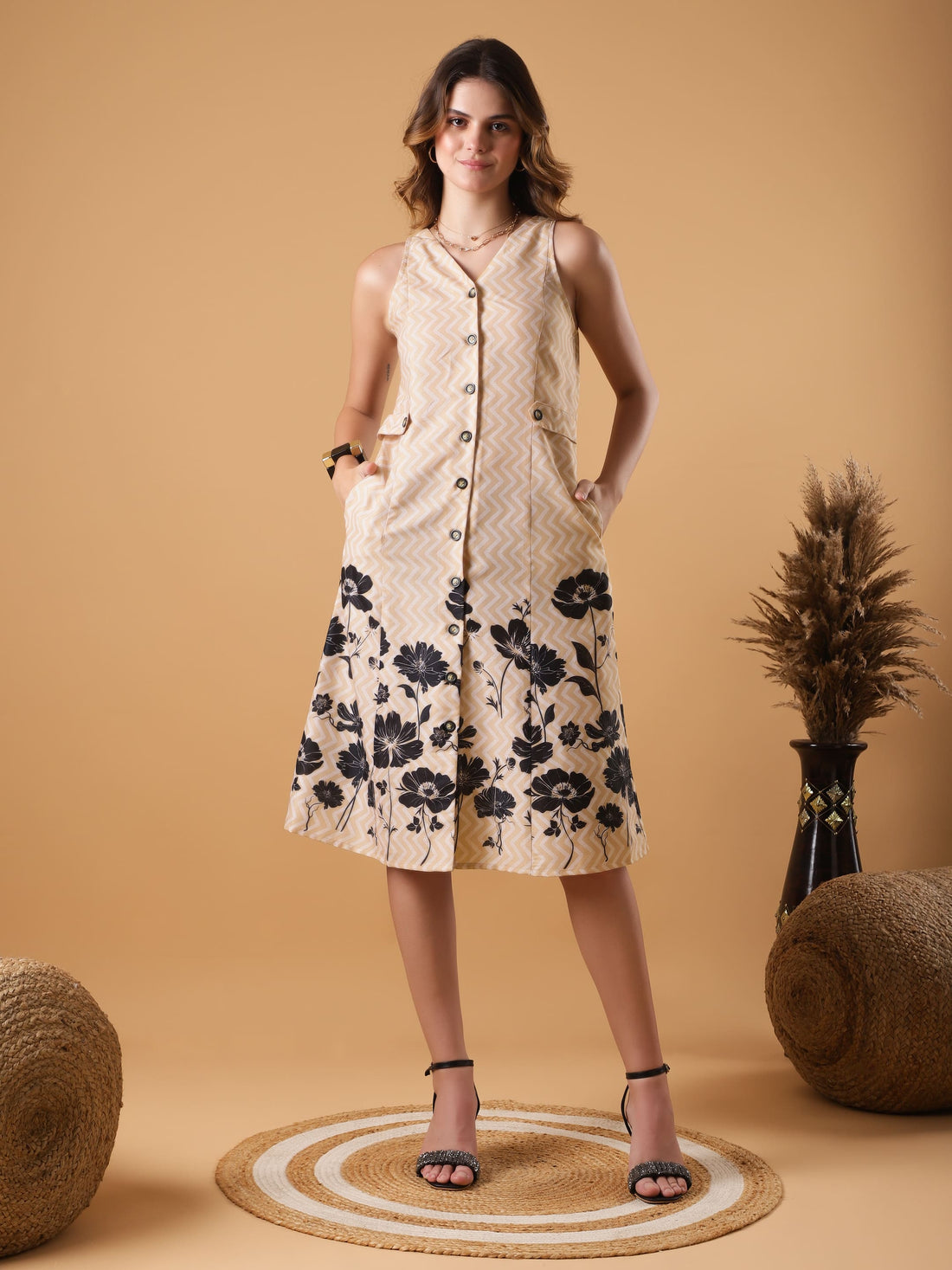 V-neck Sleevless Shirt Dress