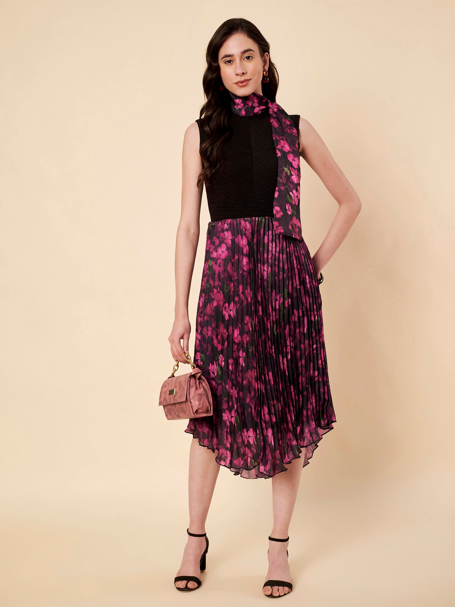 Black and Red Pleated A-Line Dress