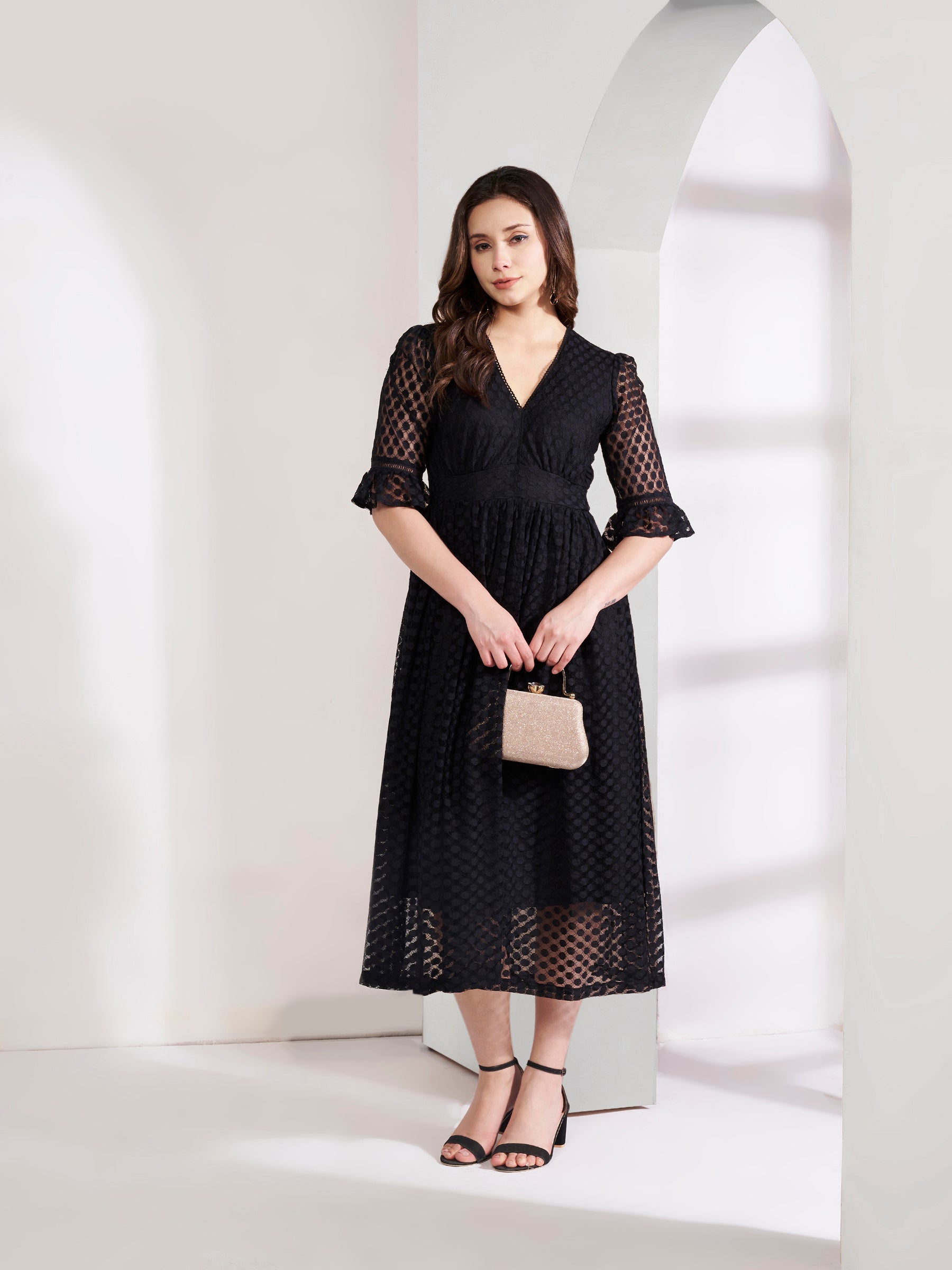 Stylish Black Textured Flared Dress