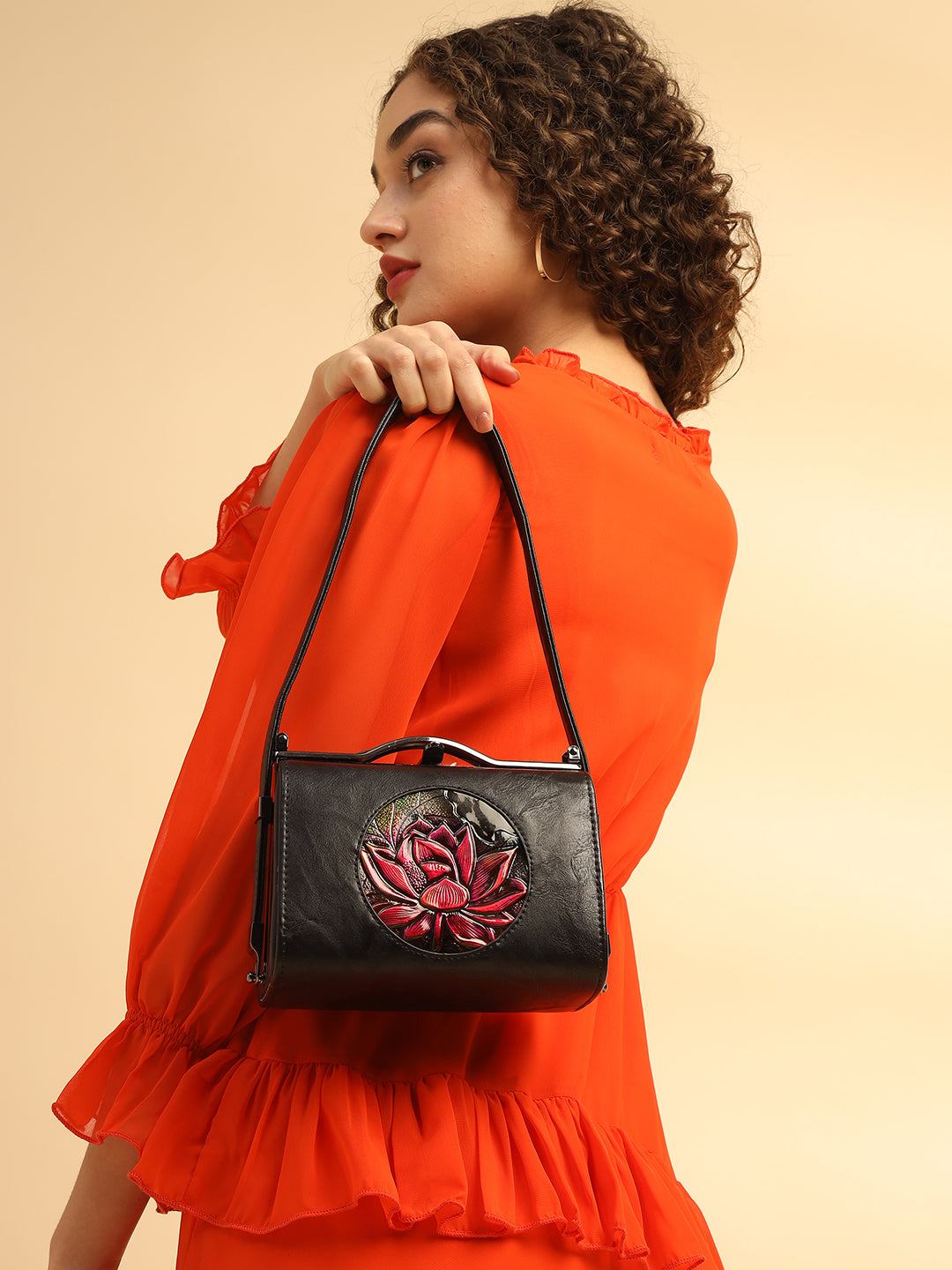 Floral Printed Leather Black Handbag