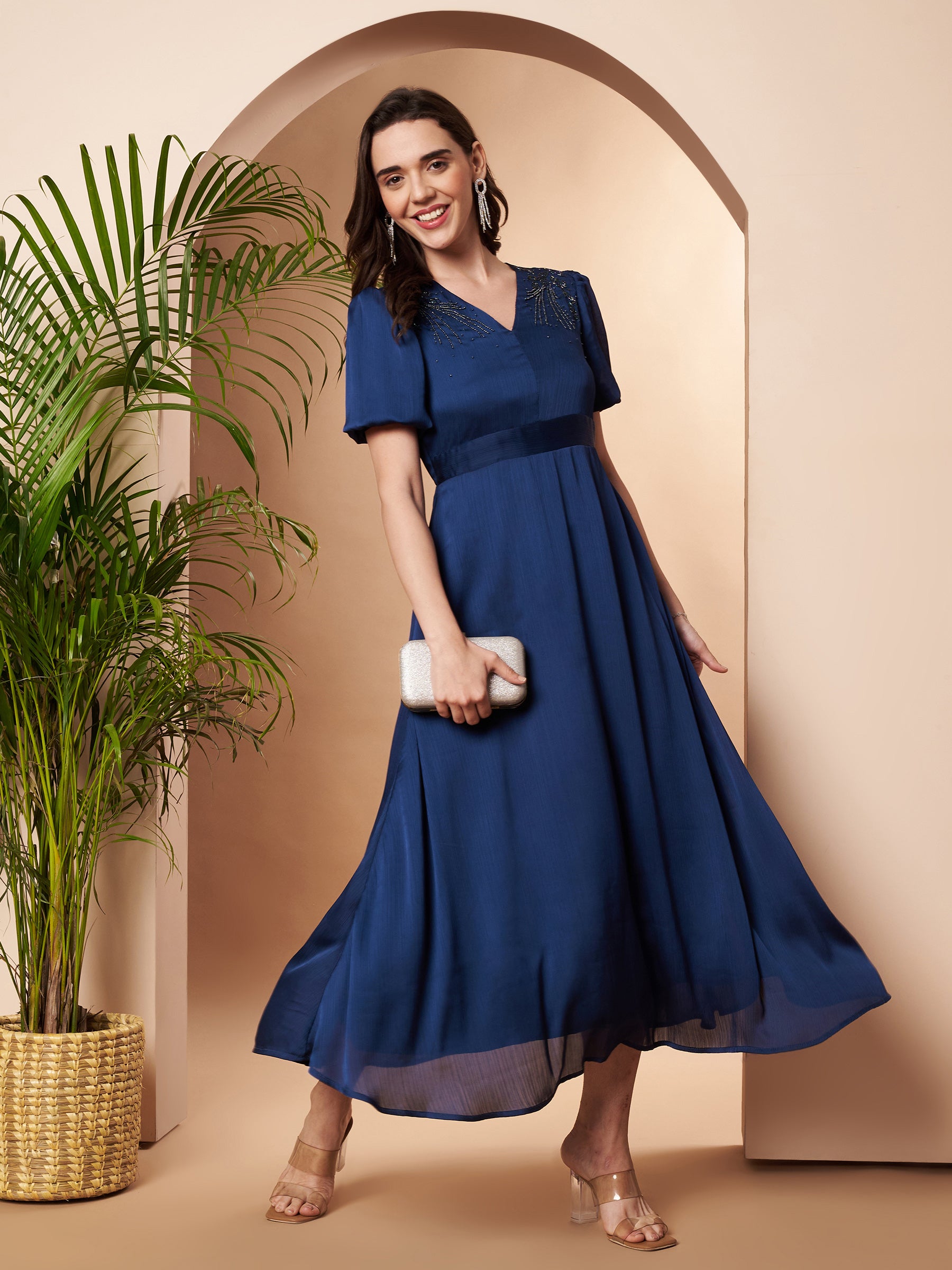 Embellished Blue Pleated Dress
