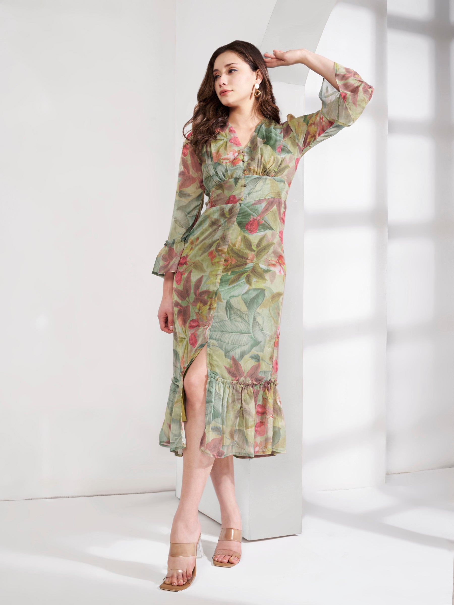 Stylish Green Ruched Flared Dress