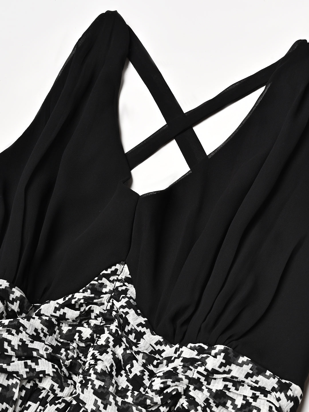 Classy Black & White Printed Pleated Flared Dress
