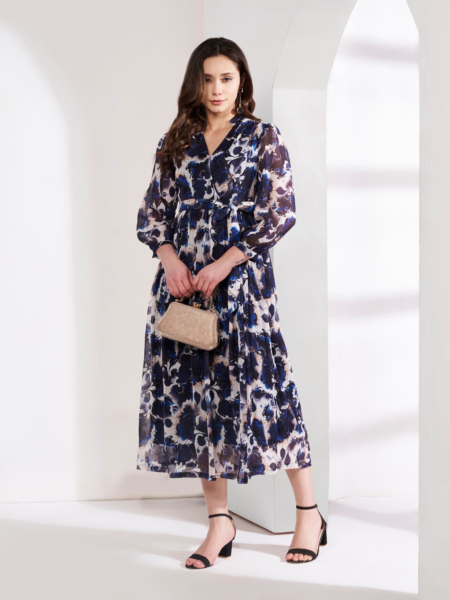 Printed Black and White Flared Dress