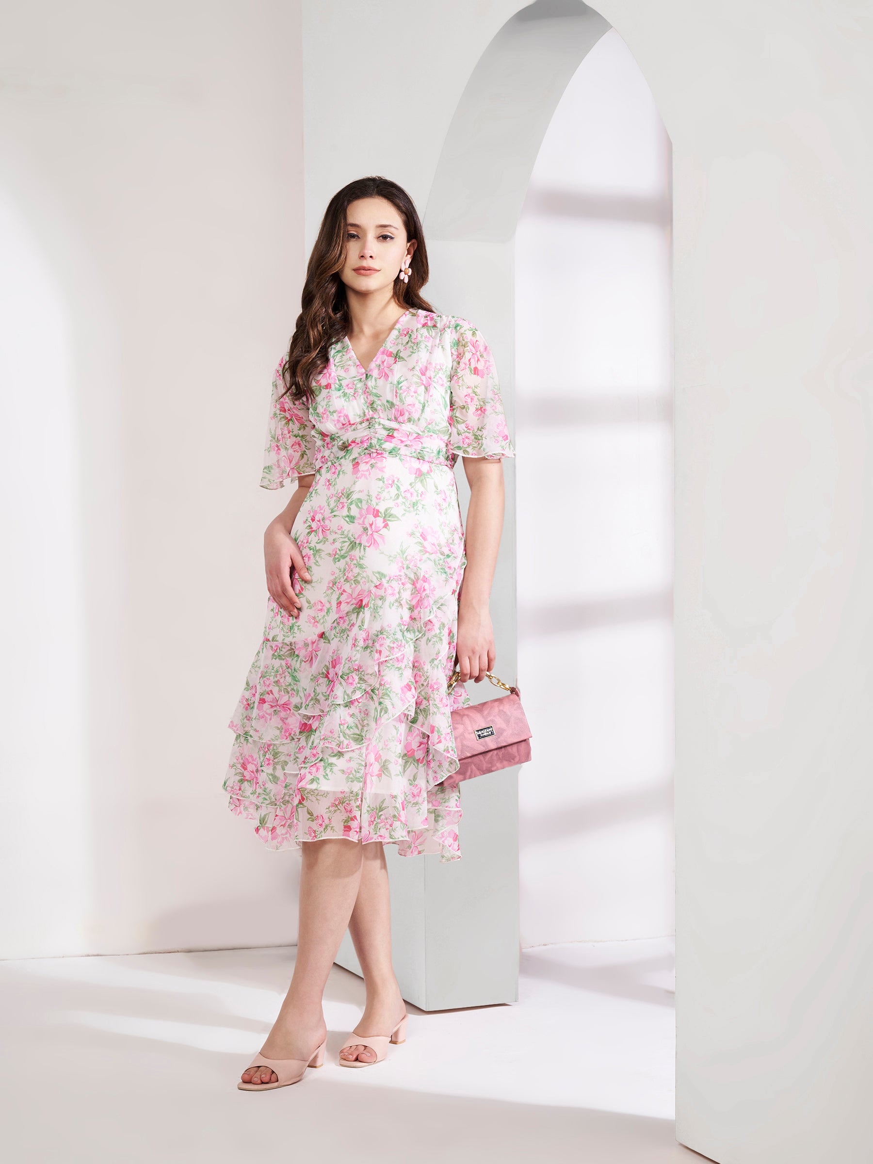Stylish Pink Floral Layered Dress