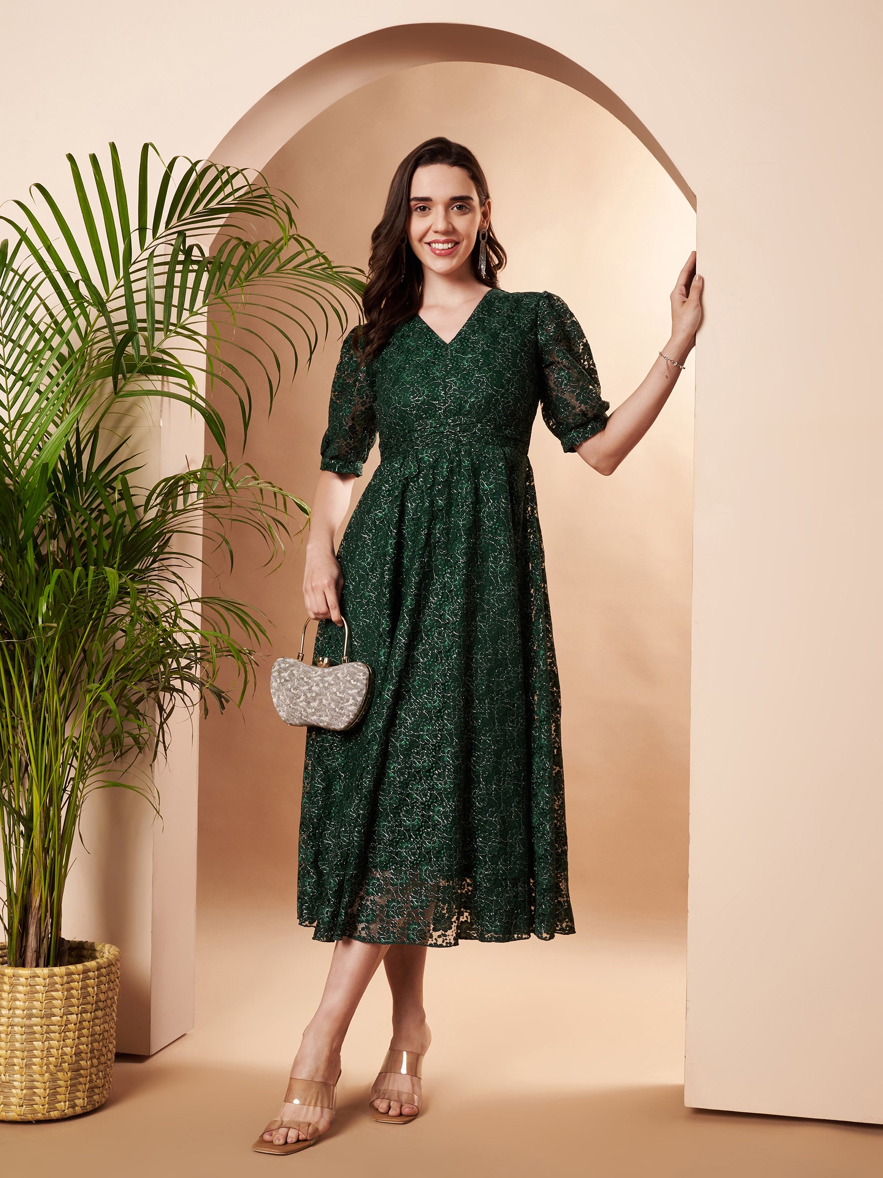 V-neck Fit & Flair Lace Dress