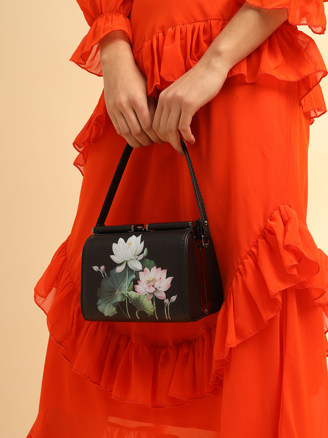 Floral Printed Leather Black Handbag