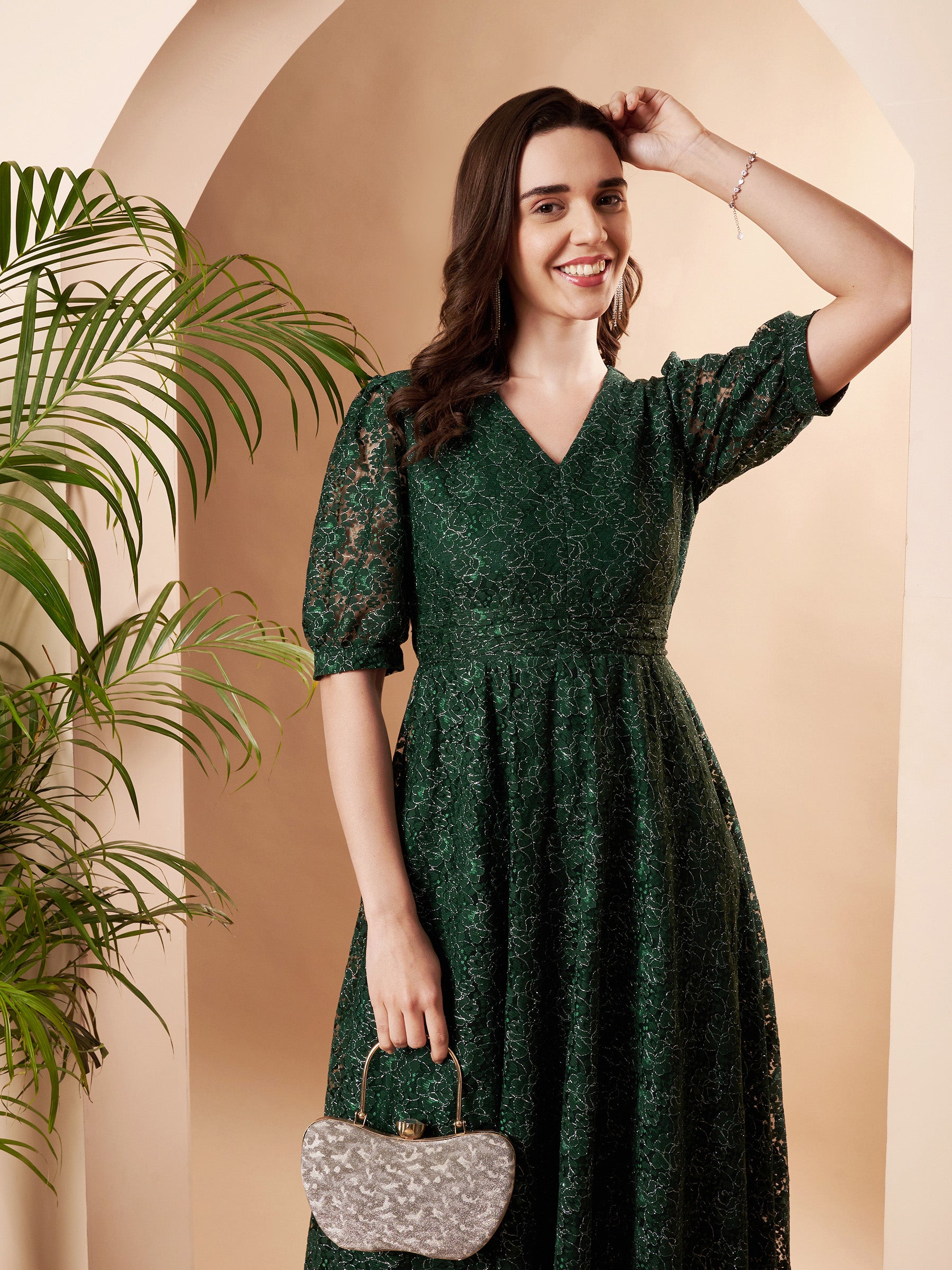 V-neck Fit & Flair Lace Dress
