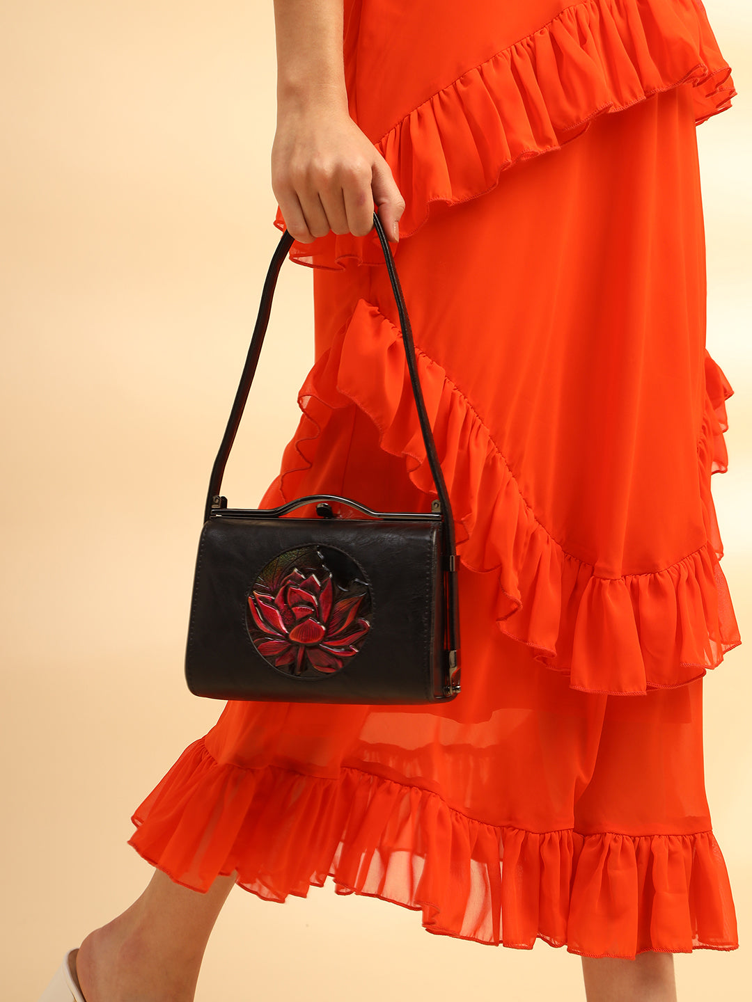 Floral Printed Leather Black Handbag