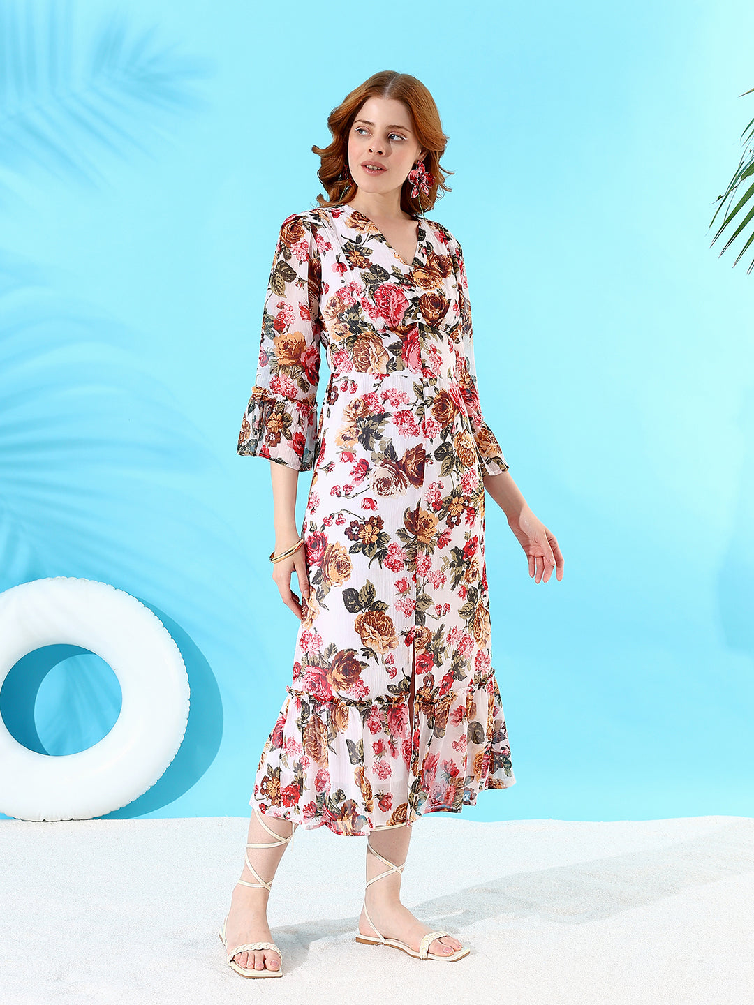 Printed Chiffon V-neck Dress