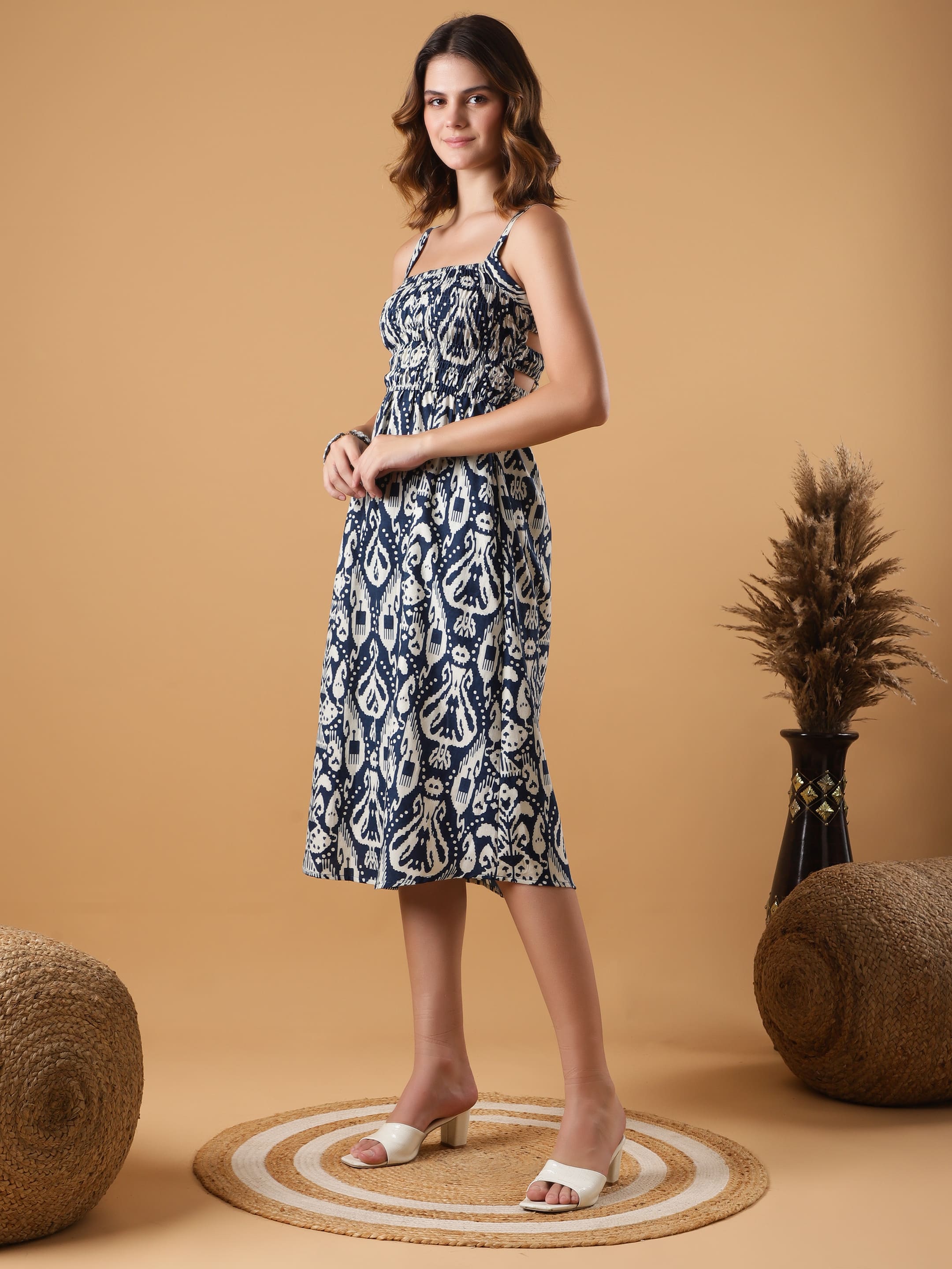 Strapped Smocked Flaired Dress