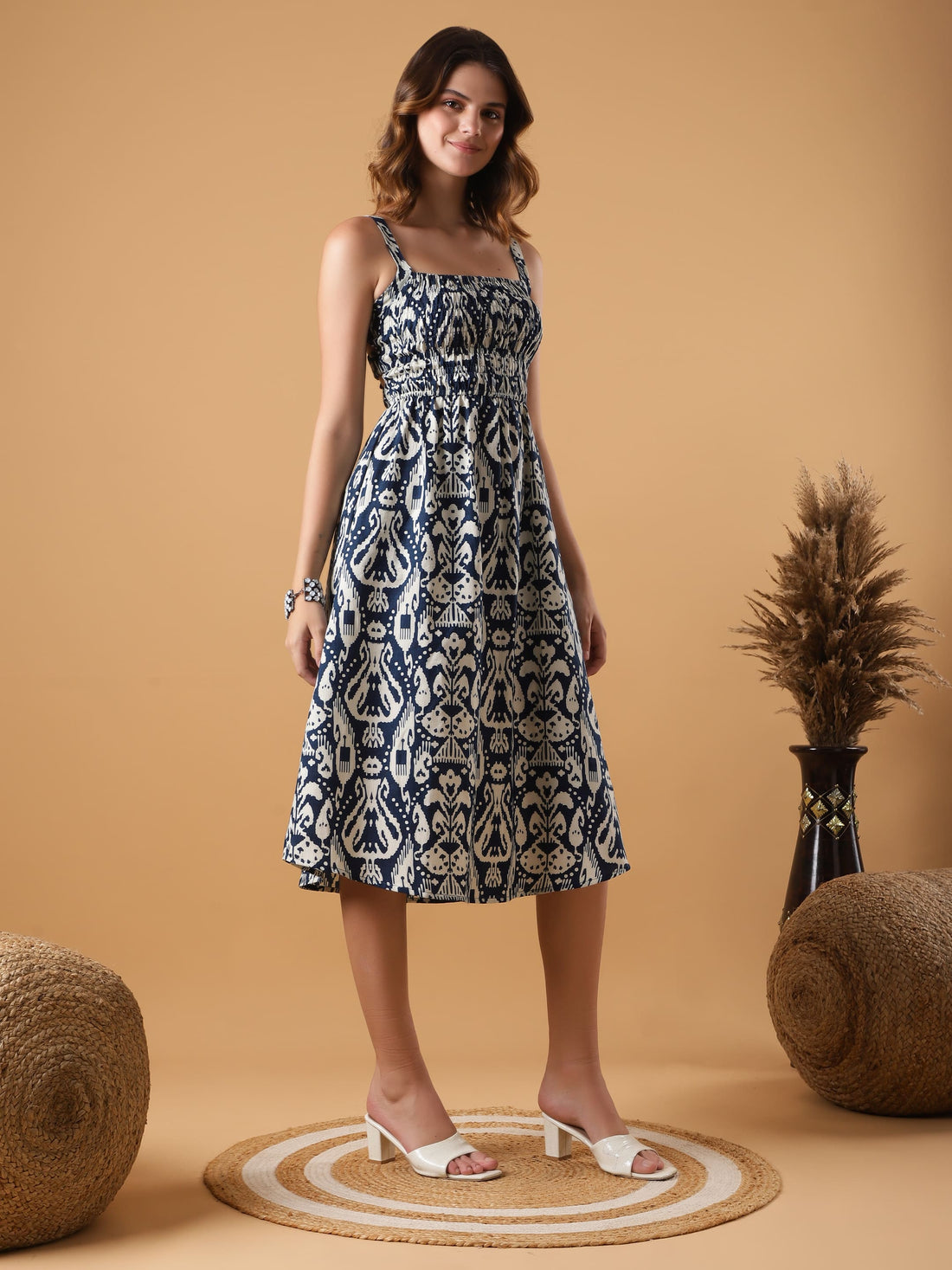 Strapped Smocked Flaired Dress