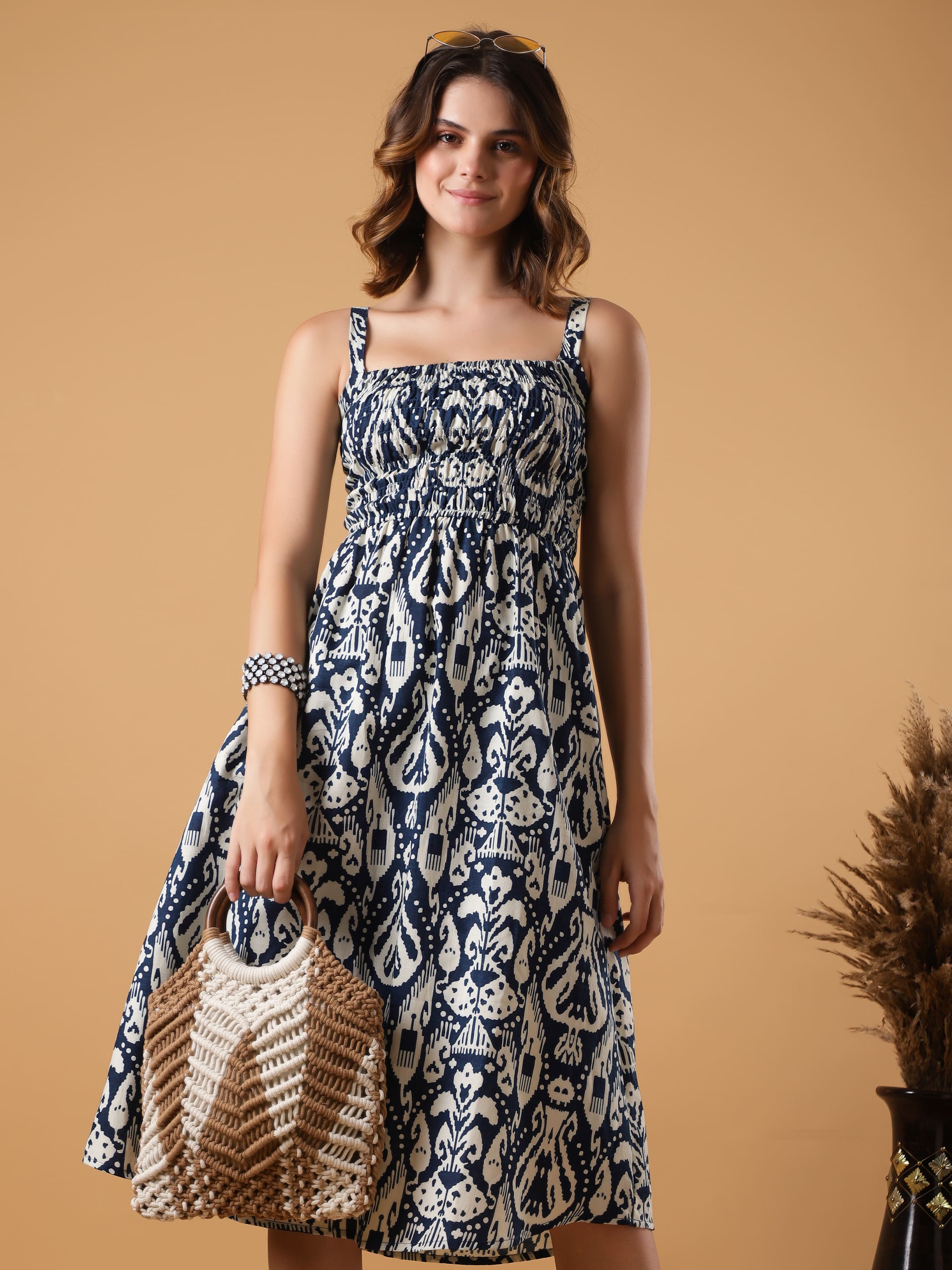 Strapped Smocked Flaired Dress