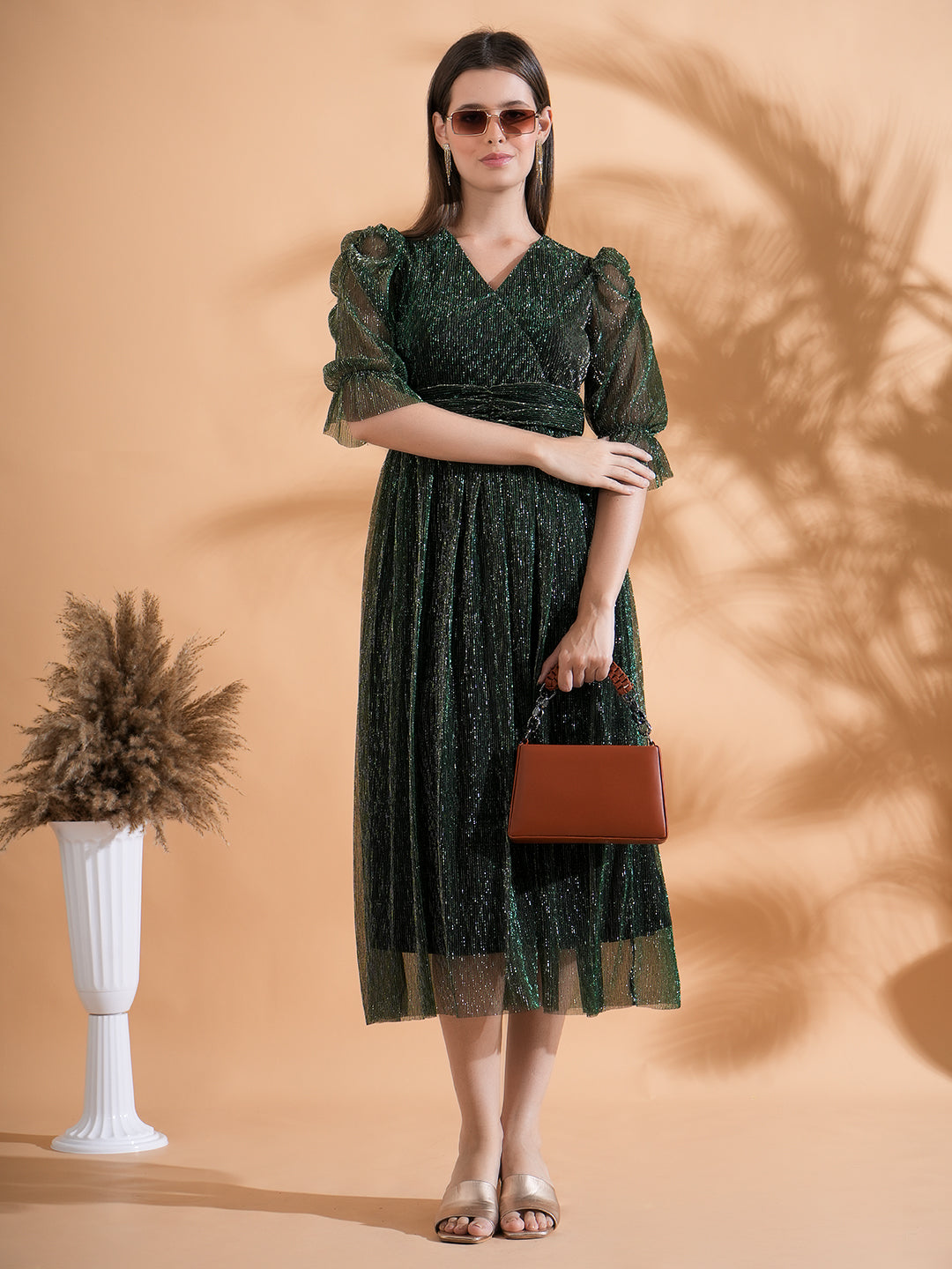 Embellished Green Pleated Flared Midi Dress