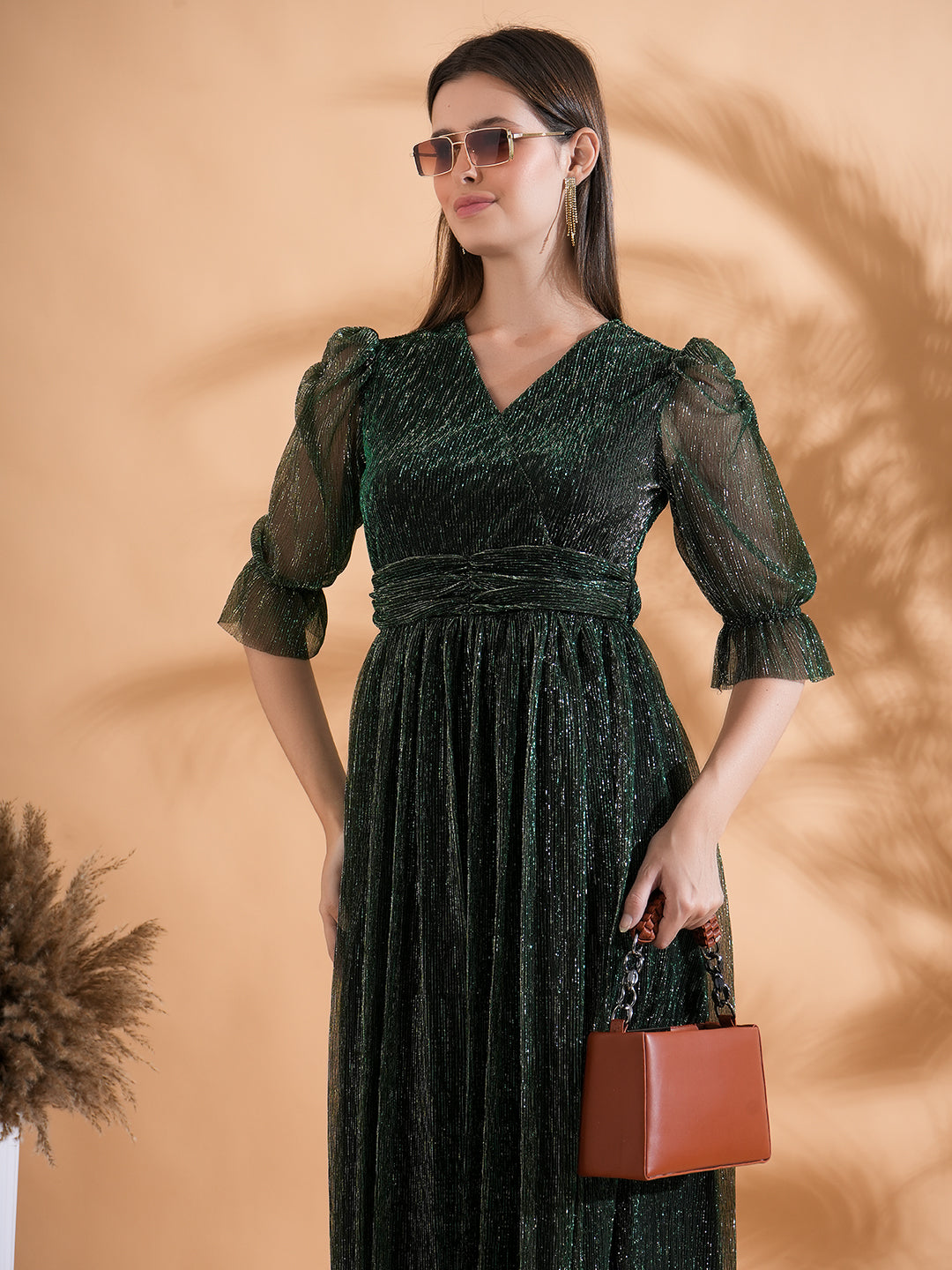 Embellished Green Pleated Flared Midi Dress