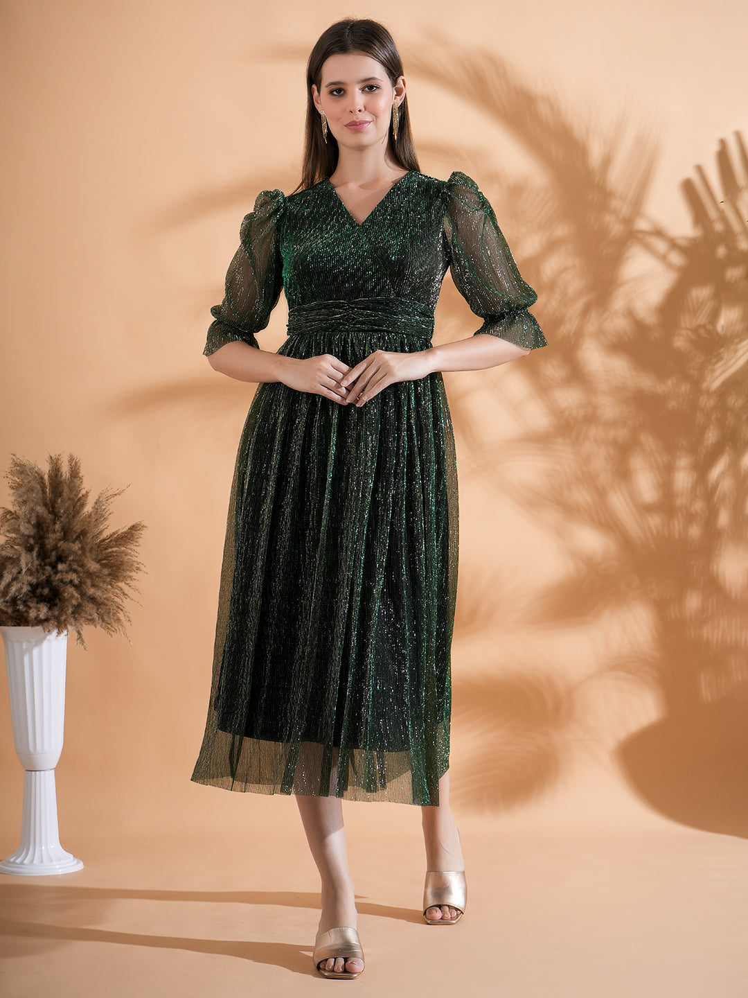 Embellished Green Pleated Flared Midi Dress