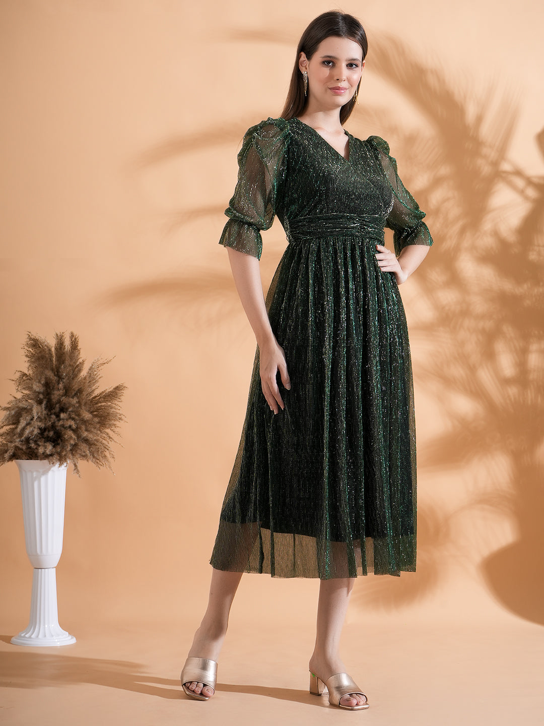 Embellished Green Pleated Flared Midi Dress
