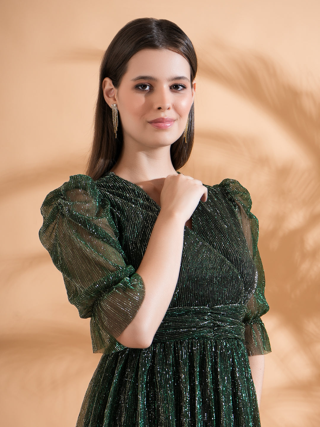 Embellished Green Pleated Flared Midi Dress